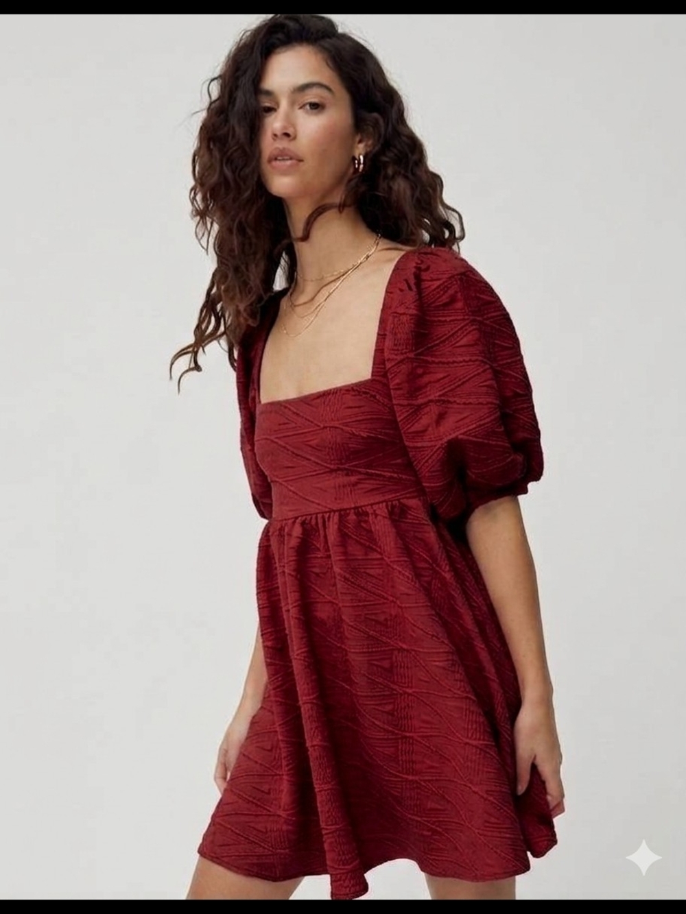 Free People Burgundy Textured Square-Neck Puff-Sleeve Mini Dress